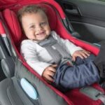 Child in a car safety seat secured with seatbelt and LATCH system