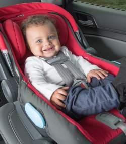 Child in a car safety seat secured with seatbelt and LATCH system