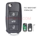 VW key with part numbers and specifications for remote key fob programming.