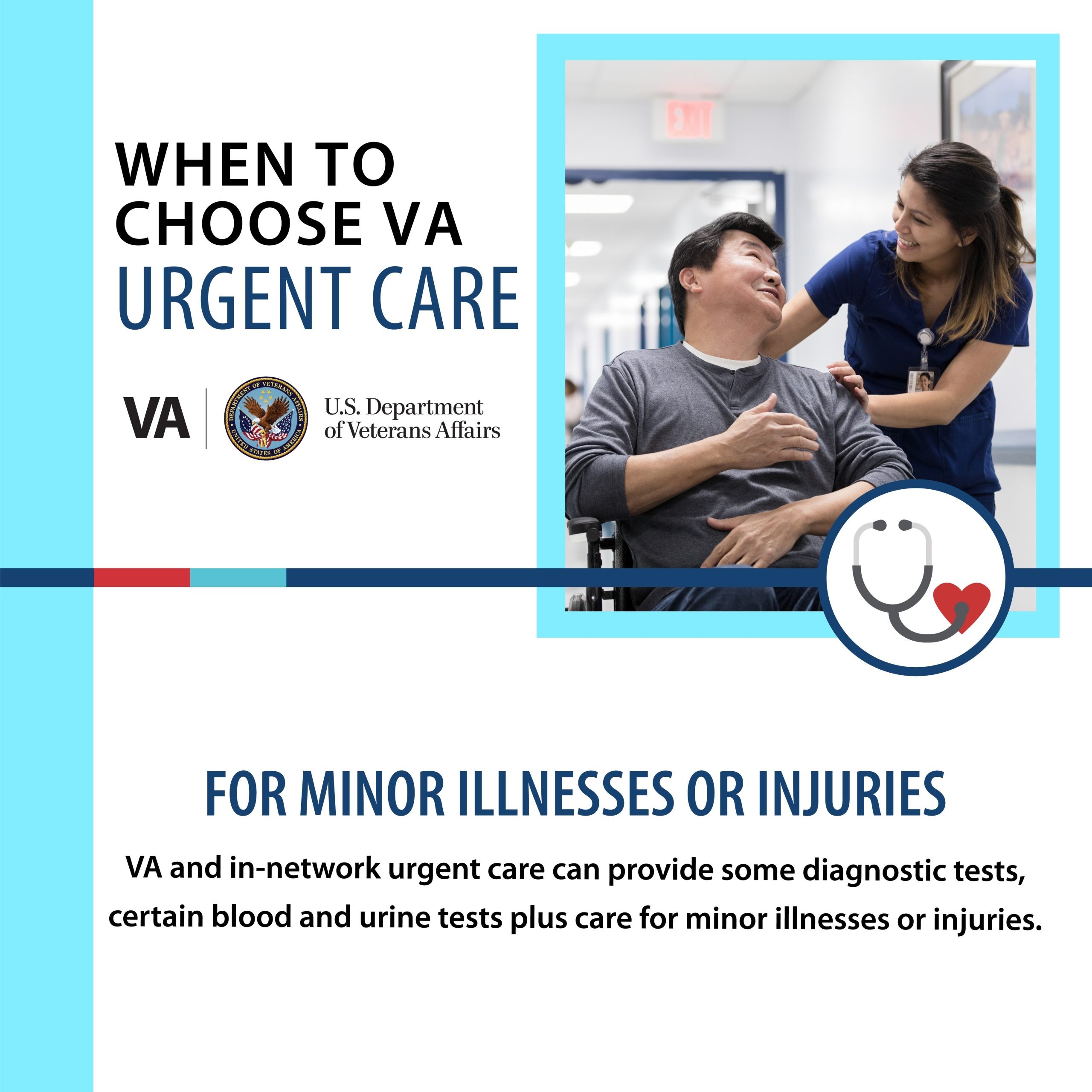 Social media graphic explaining when to choose VA urgent care for non-emergency medical needs.