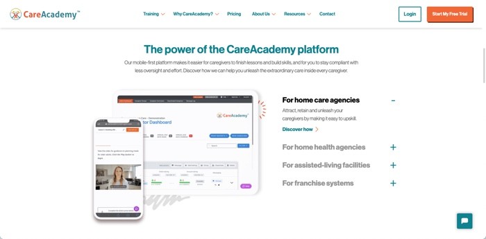 CareAcademy Platform Interface for Home Health Care Training and Compliance