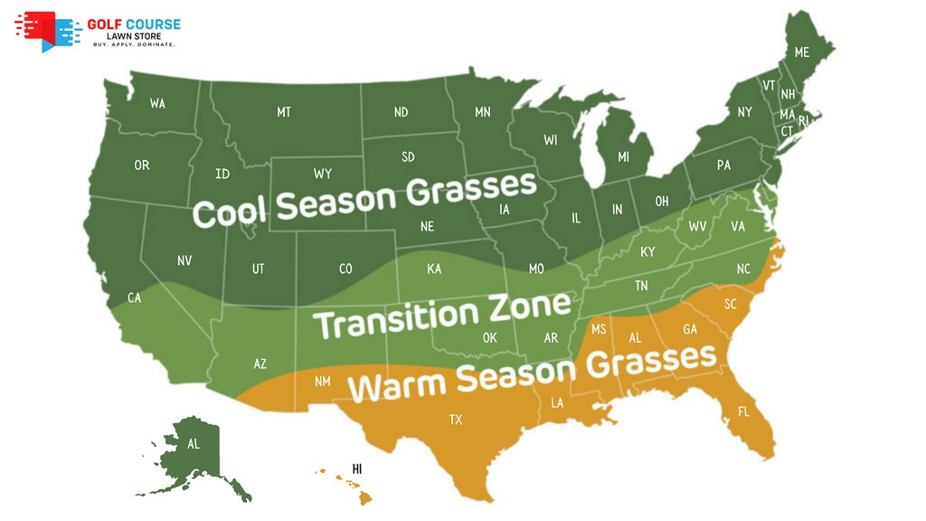 Map showing cool-season and warm-season turfgrass regions in the USA