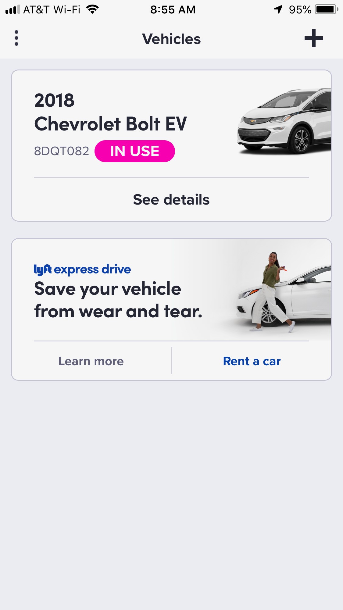 Lyft app interface showing the 'Rent a car' option in the vehicle section.